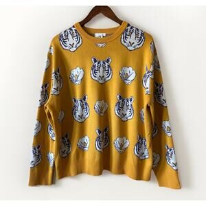 Queen of Sparkles Tiger Graphic Knit Sweater Sz L Statement Cozy Pullover